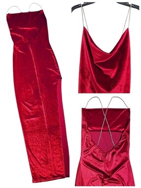 ASA Red Velvet Cowl Neck Rhinestone Straps Bodycon Glam Party Prom Dress Medium
